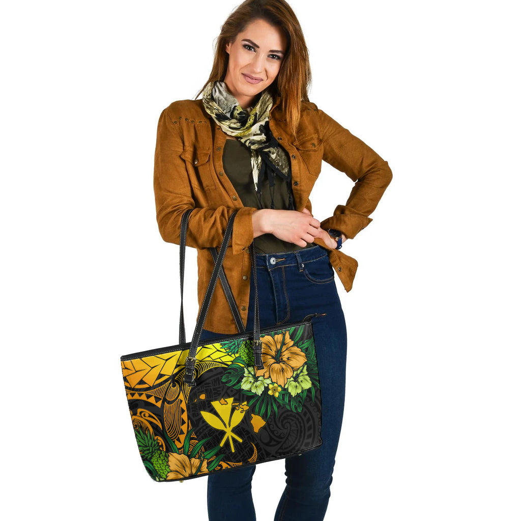 Hawaii Leather Tote Bag Polynesian Turtle Tropical Gardient Yellow