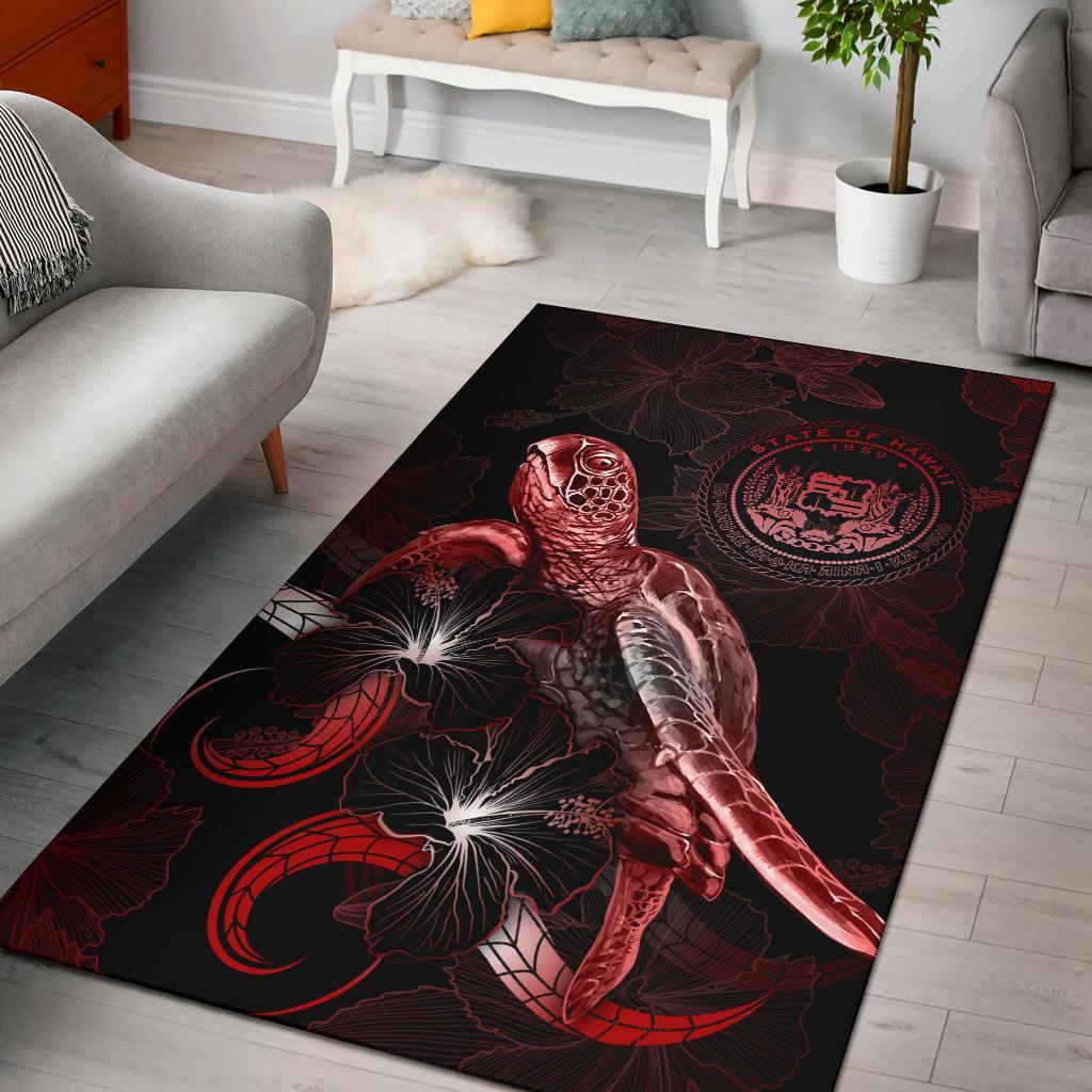 Hawaii Polynesian Area Rugs - Turtle With Blooming Hibiscus Red-Myprintsy