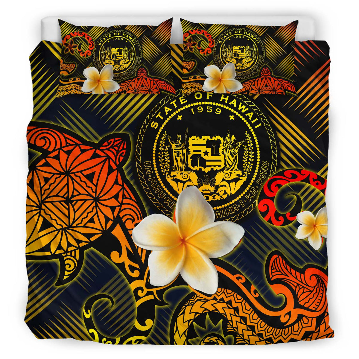 Hawaii Polynesian Bedding Set - Lauhala Turtle Plumeria Tropical