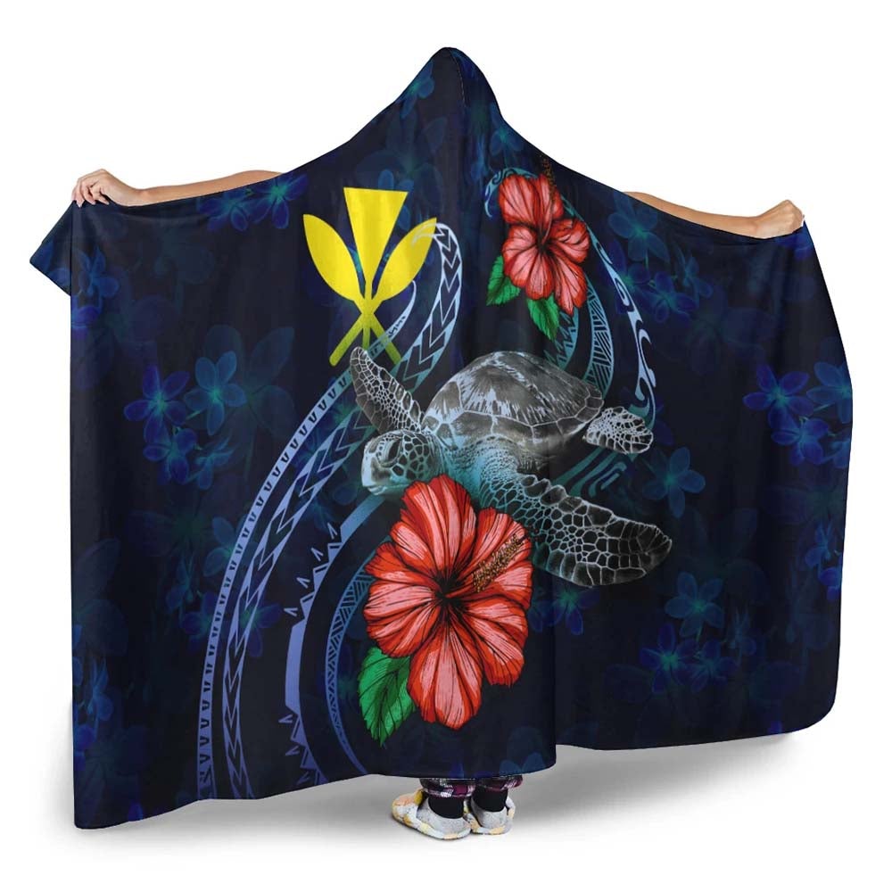 Hawaii Polynesian Hooded Blanket - Blue Turtle Hibiscus-Myprintsy