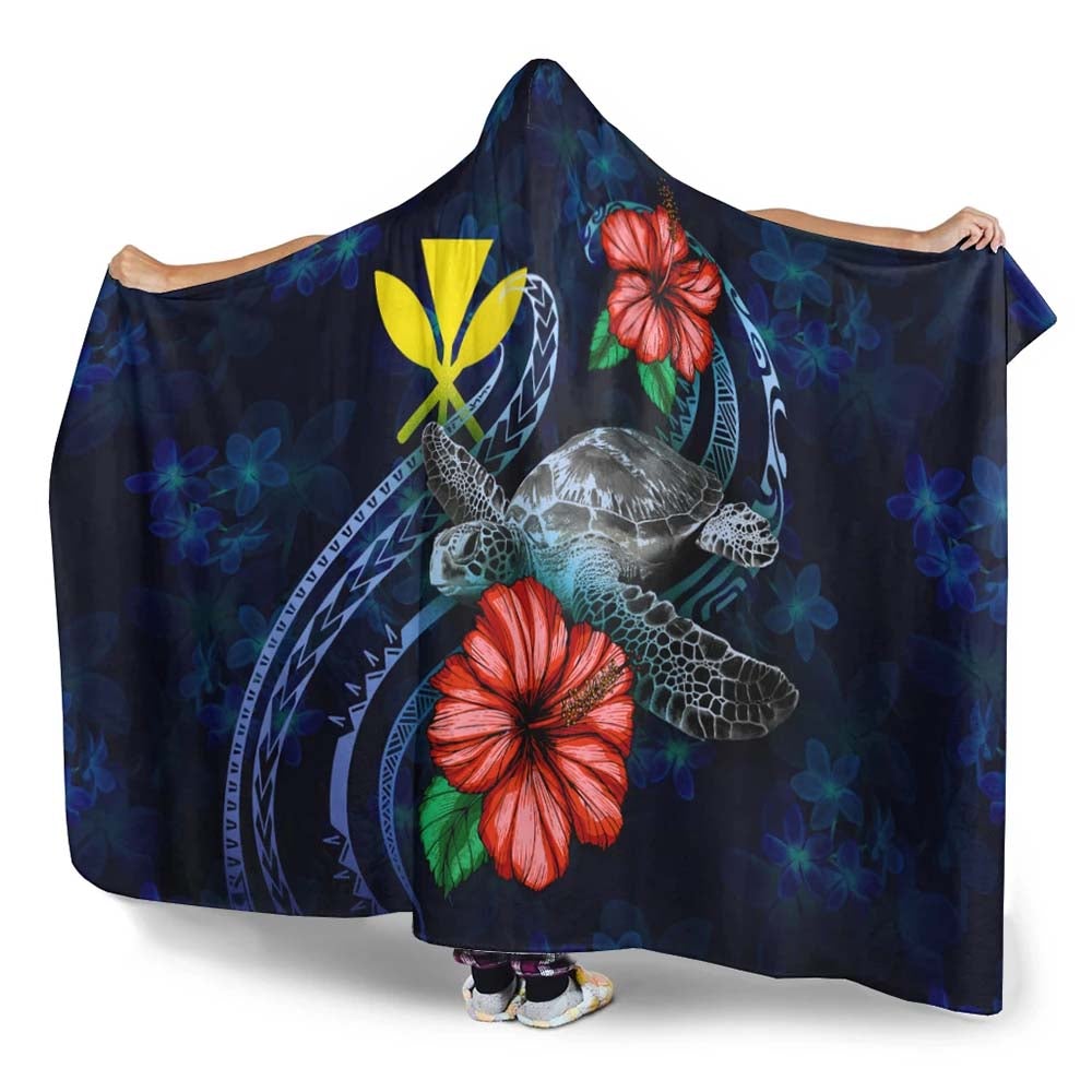 Hawaii Polynesian Hooded Blanket - Blue Turtle Hibiscus-Myprintsy