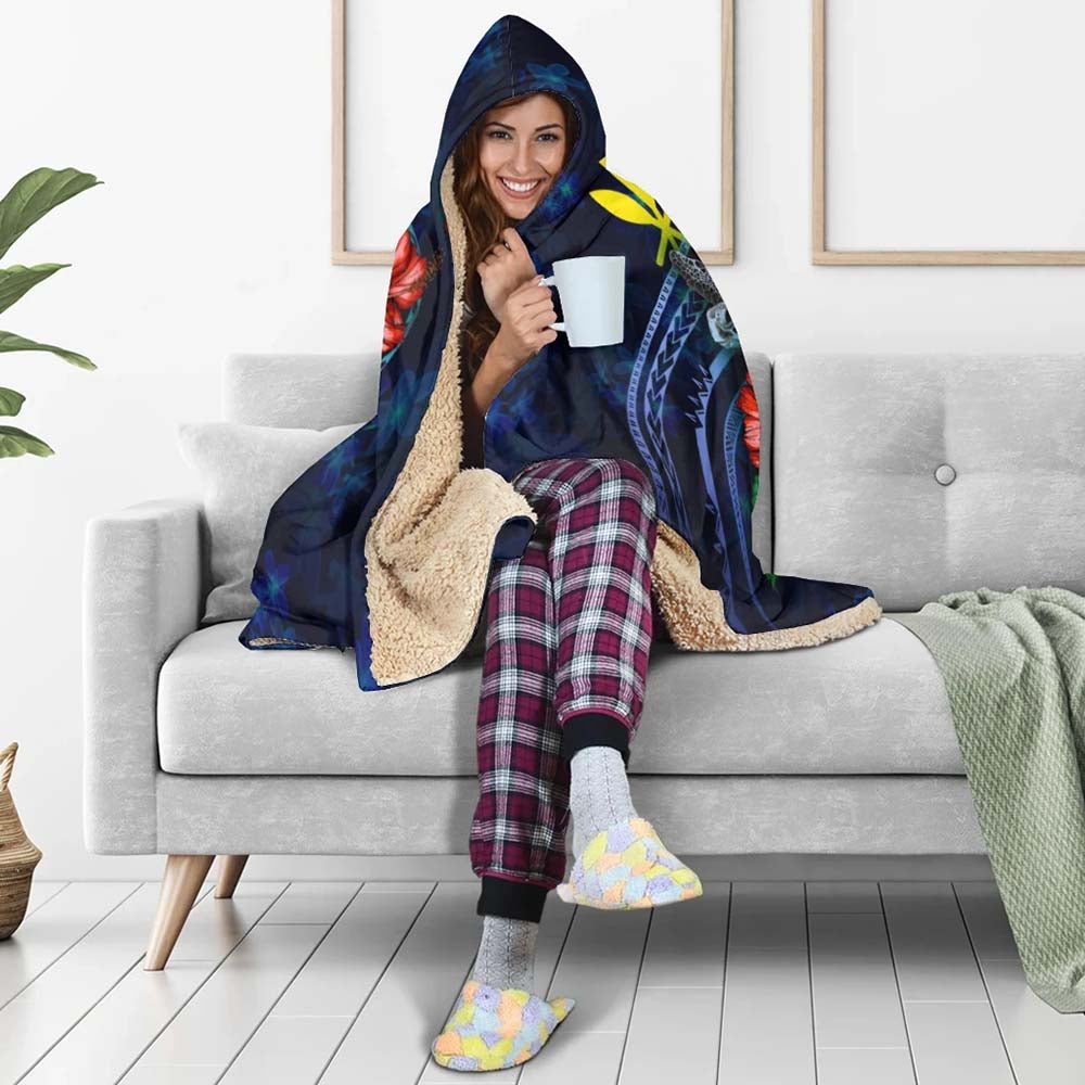 Hawaii Polynesian Hooded Blanket - Blue Turtle Hibiscus-Myprintsy
