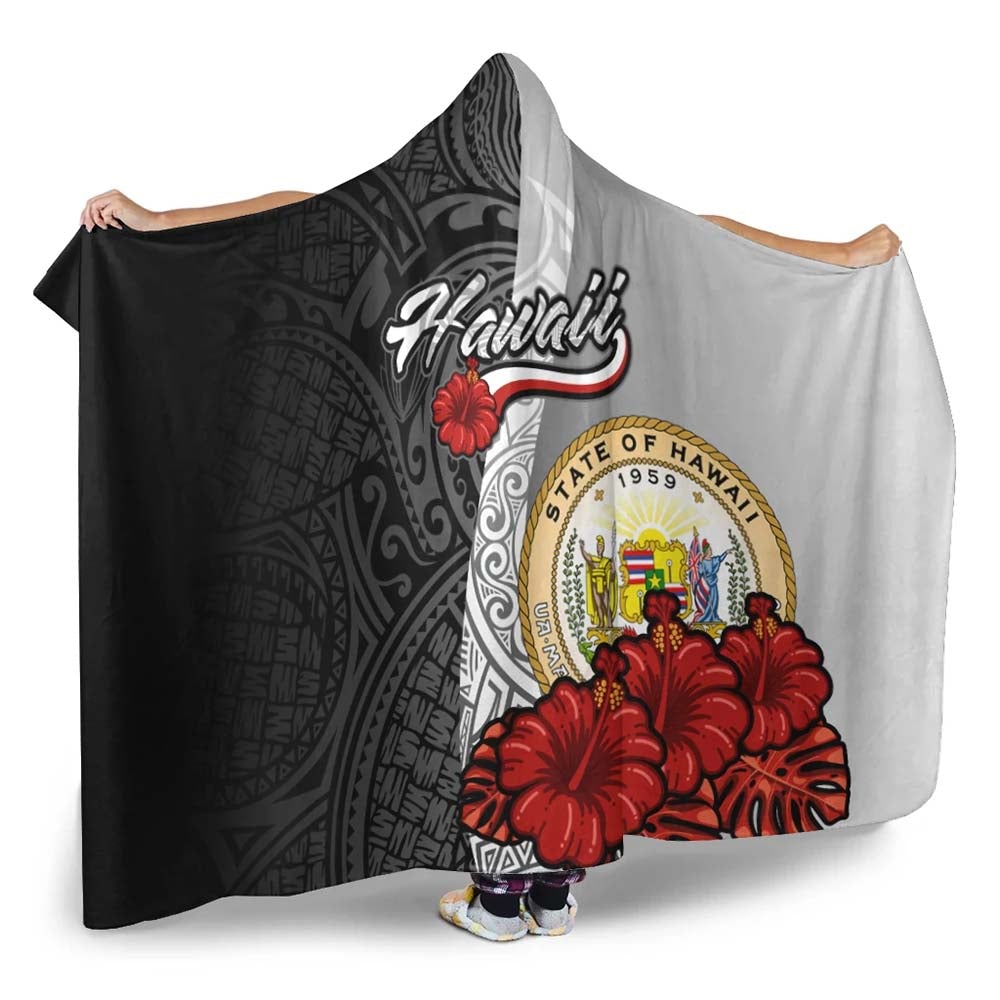Hawaii Polynesian Hooded Blanket- Coat Of Arm With Hibiscus White-Myprintsy
