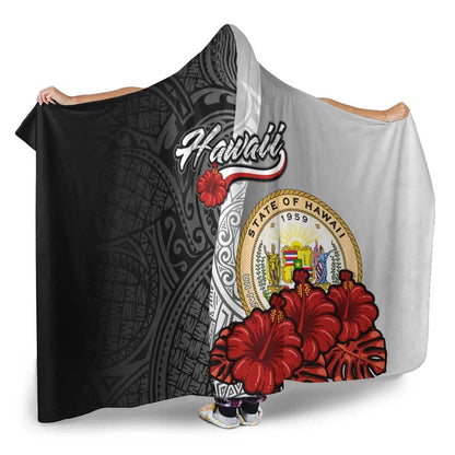 Hawaii Polynesian Hooded Blanket- Coat Of Arm With Hibiscus White-Myprintsy