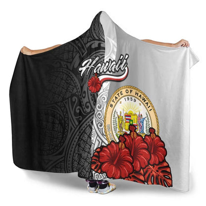 Hawaii Polynesian Hooded Blanket- Coat Of Arm With Hibiscus White-Myprintsy