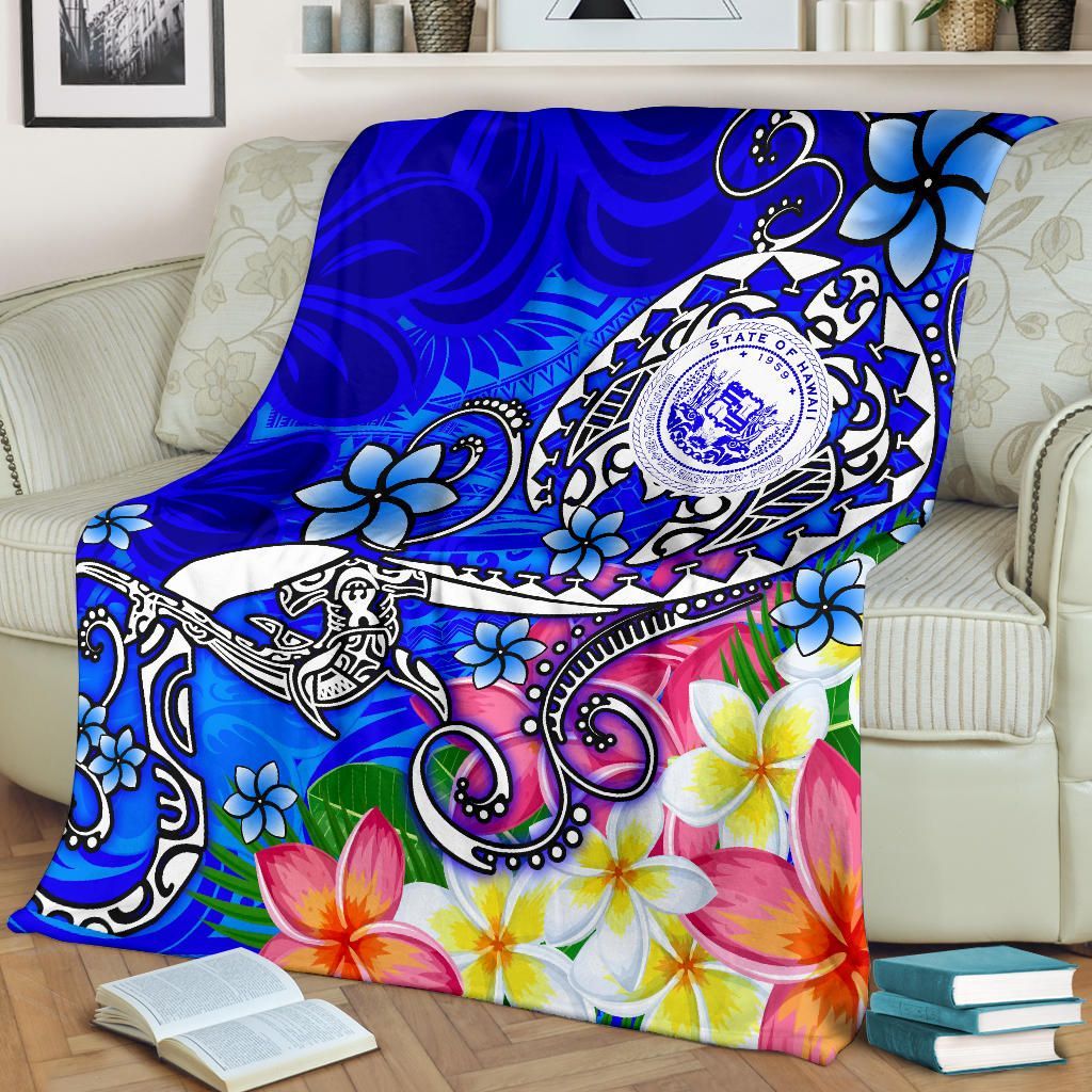 Hawaii Polynesian Premium Blanket - Hawaii Seal With Turtle Plumeria (Blue)-Myprintsy