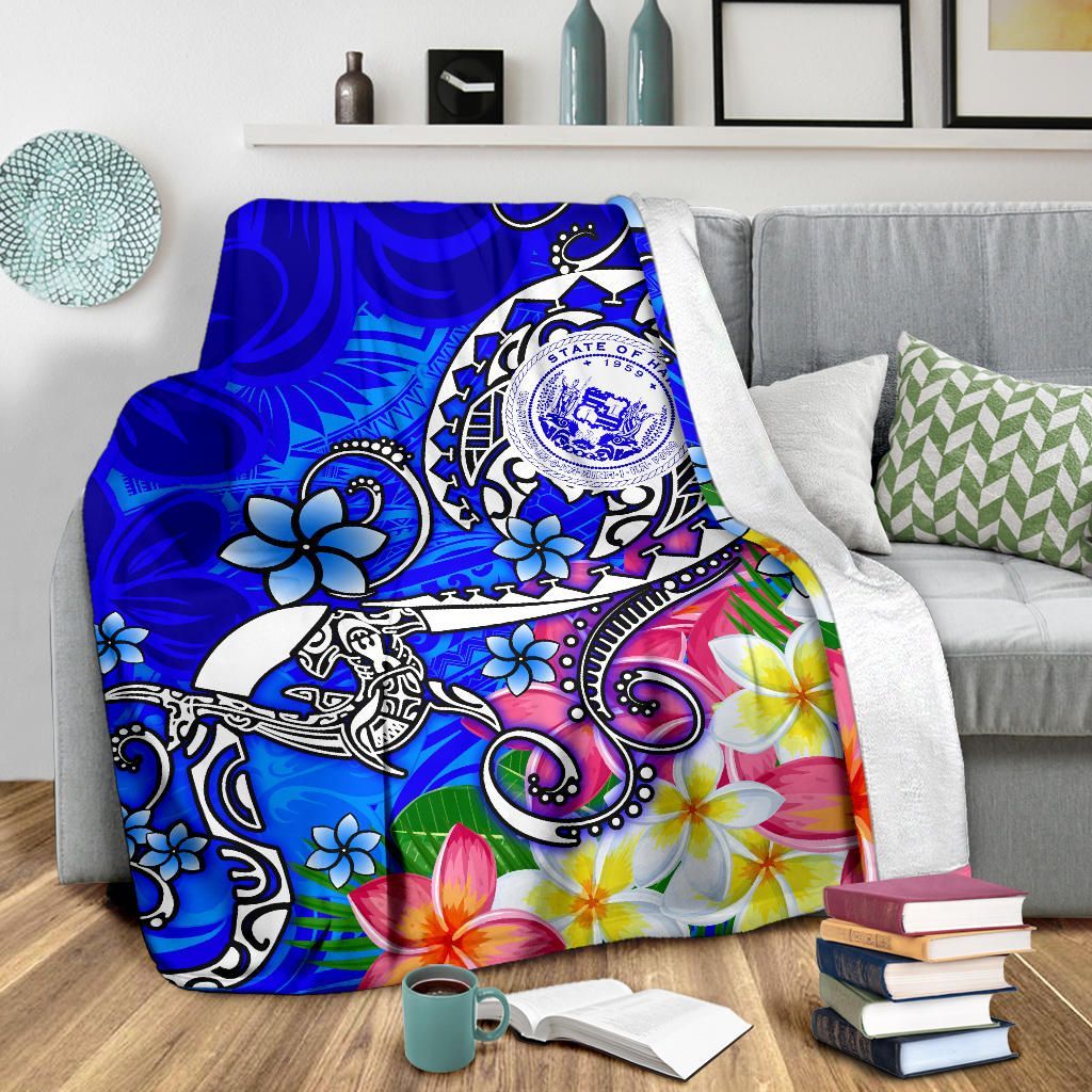 Hawaii Polynesian Premium Blanket - Hawaii Seal With Turtle Plumeria (Blue)-Myprintsy