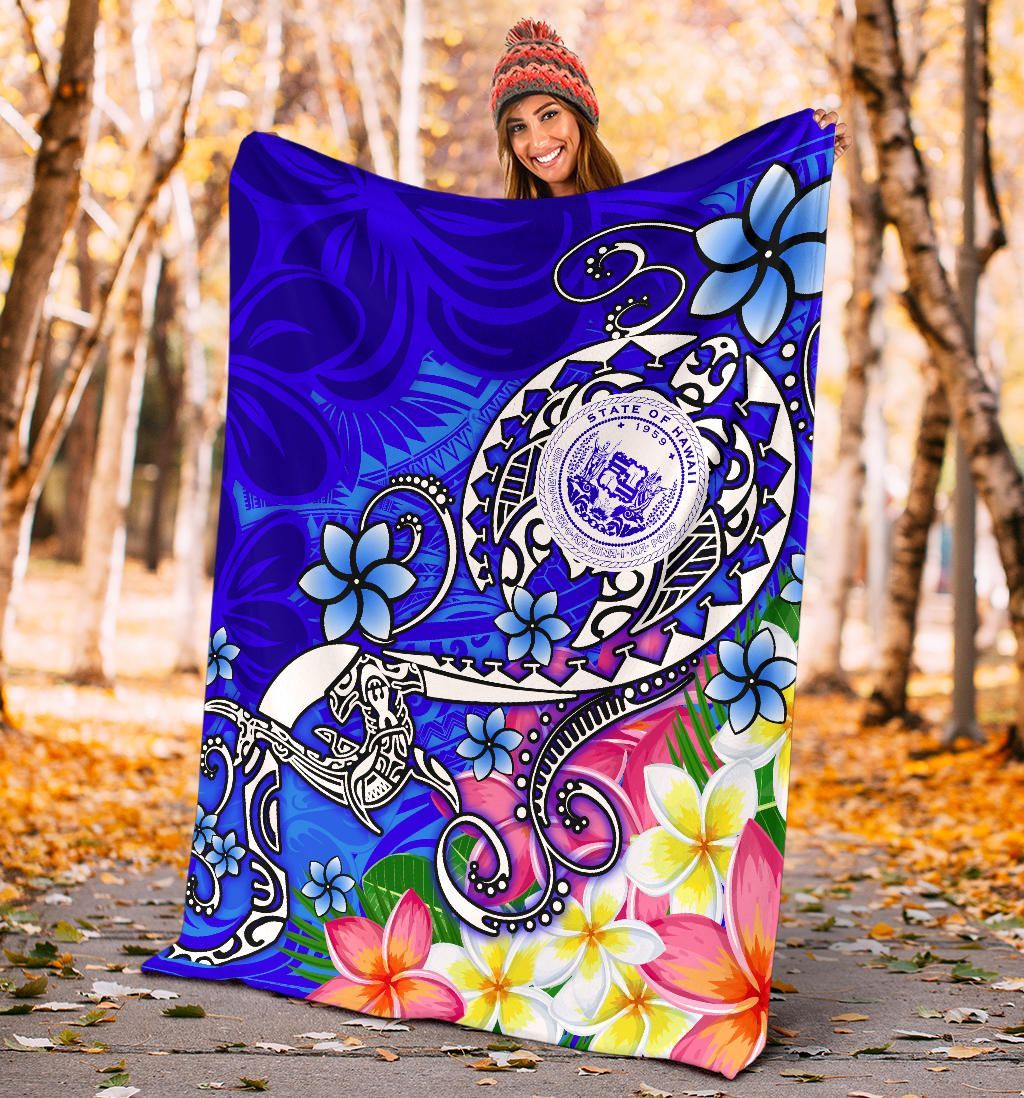 Hawaii Polynesian Premium Blanket - Hawaii Seal With Turtle Plumeria (Blue)-Myprintsy