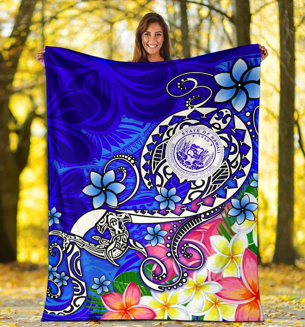 Hawaii Polynesian Premium Blanket - Hawaii Seal With Turtle Plumeria (Blue)-Myprintsy