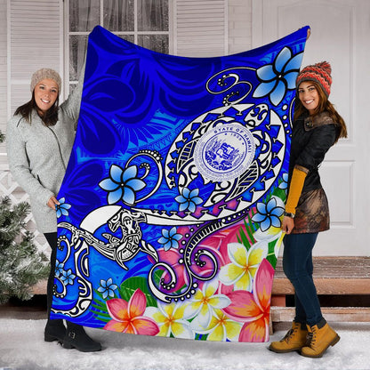 Hawaii Polynesian Premium Blanket - Hawaii Seal With Turtle Plumeria (Blue)-Myprintsy
