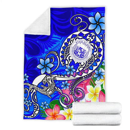 Hawaii Polynesian Premium Blanket - Hawaii Seal With Turtle Plumeria (Blue)-Myprintsy