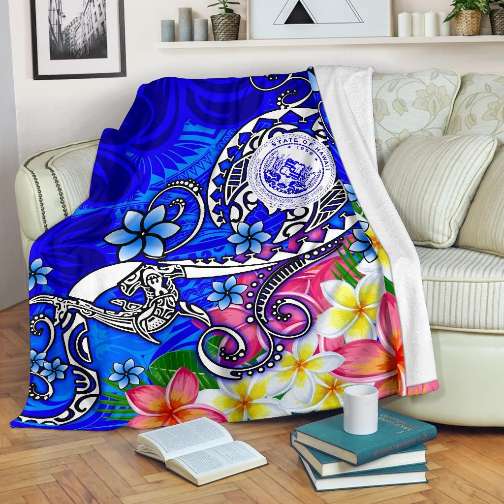 Hawaii Polynesian Premium Blanket - Hawaii Seal With Turtle Plumeria (Blue)-Myprintsy
