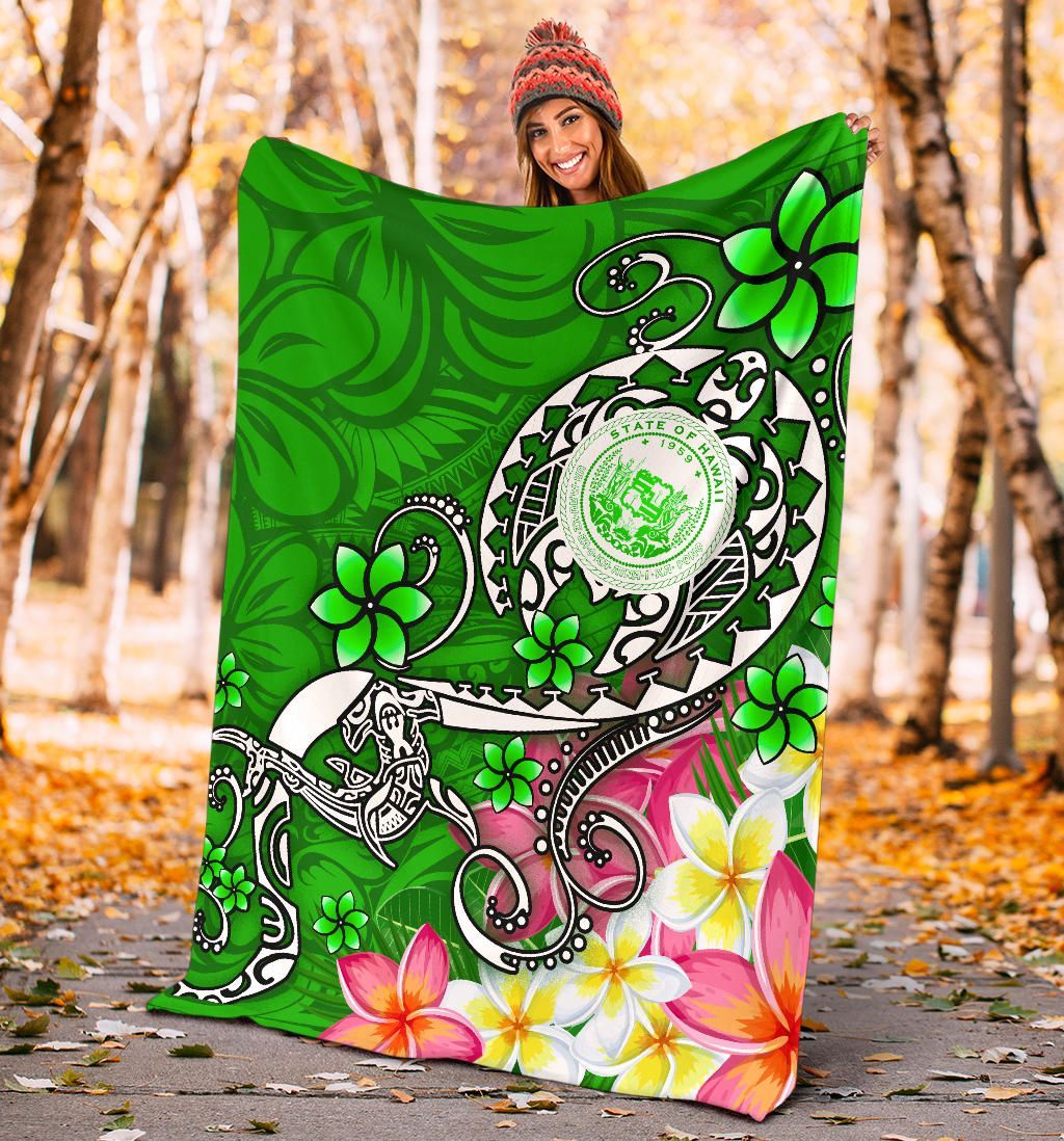 Hawaii Polynesian Premium Blankets - Hawaii Seal With Turtle Plumeria (Green)-Myprintsy