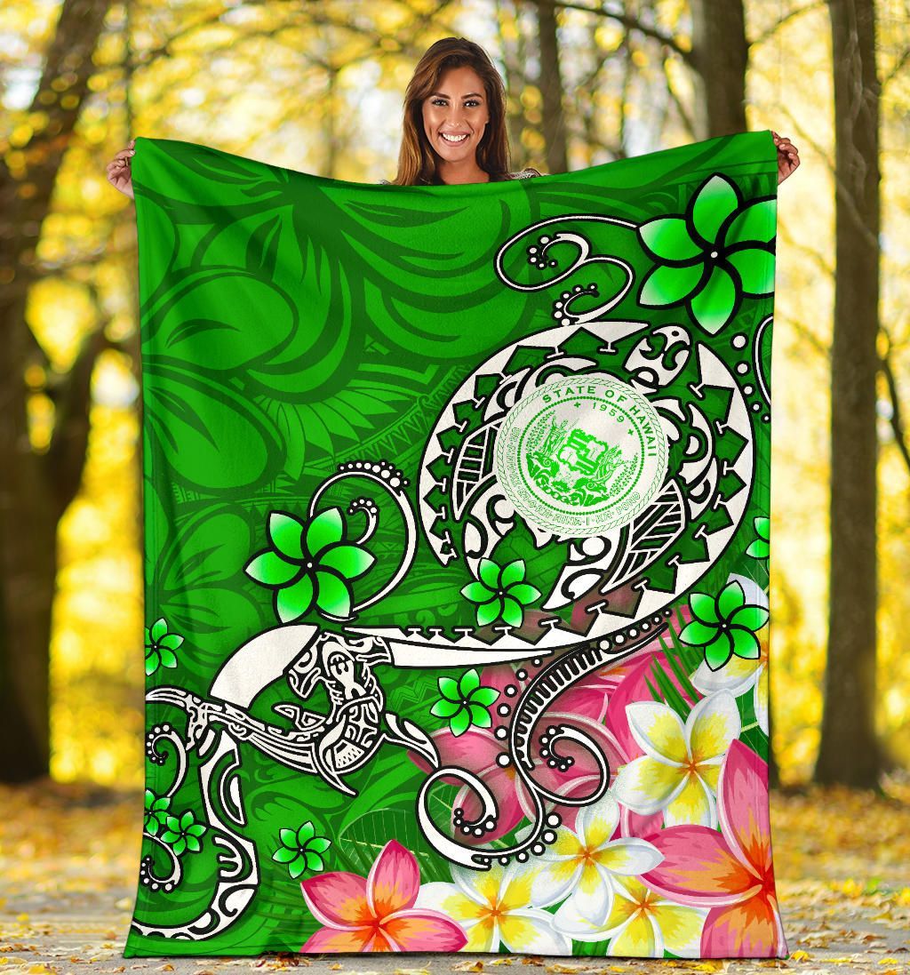 Hawaii Polynesian Premium Blankets - Hawaii Seal With Turtle Plumeria (Green)-Myprintsy
