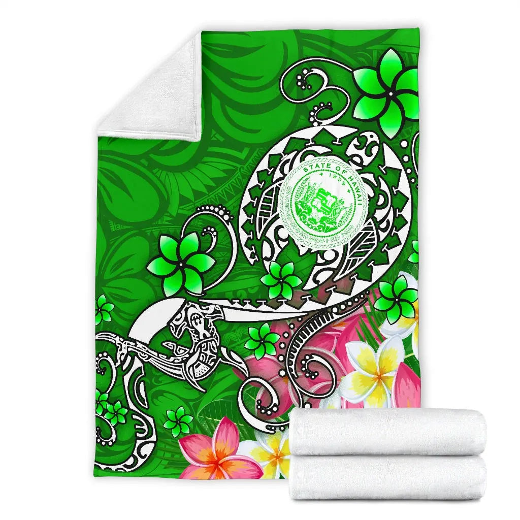 Hawaii Polynesian Premium Blankets - Hawaii Seal With Turtle Plumeria (Green)-Myprintsy