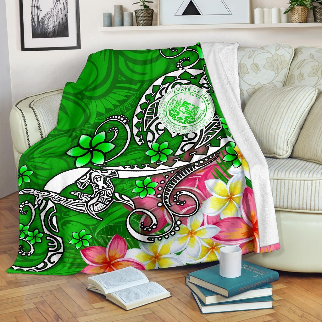 Hawaii Polynesian Premium Blankets - Hawaii Seal With Turtle Plumeria (Green)-Myprintsy