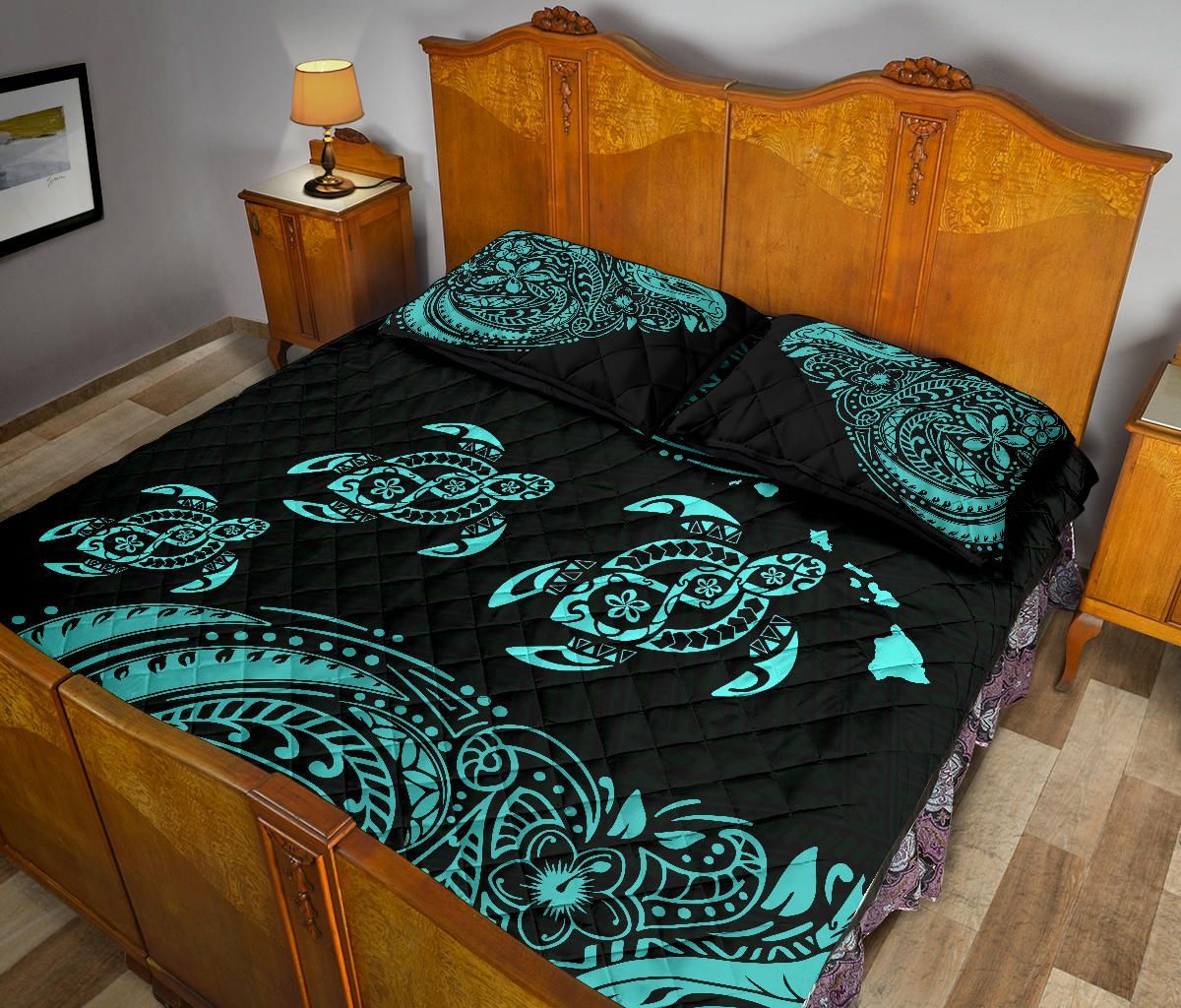 Hawaii Polynesian Quilt Bed Set - Blue Sea Turtle
