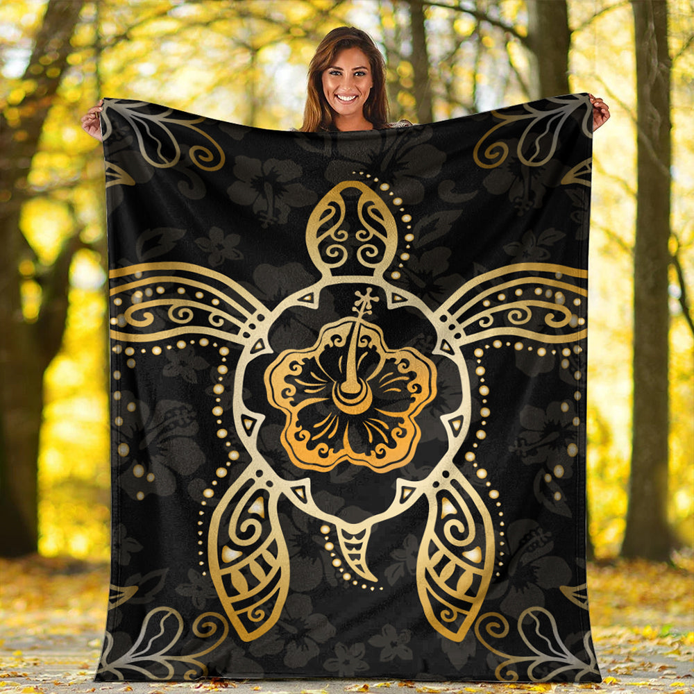 Hawaii Premium Blanket Golden Hibiscus And Turtle-Myprintsy