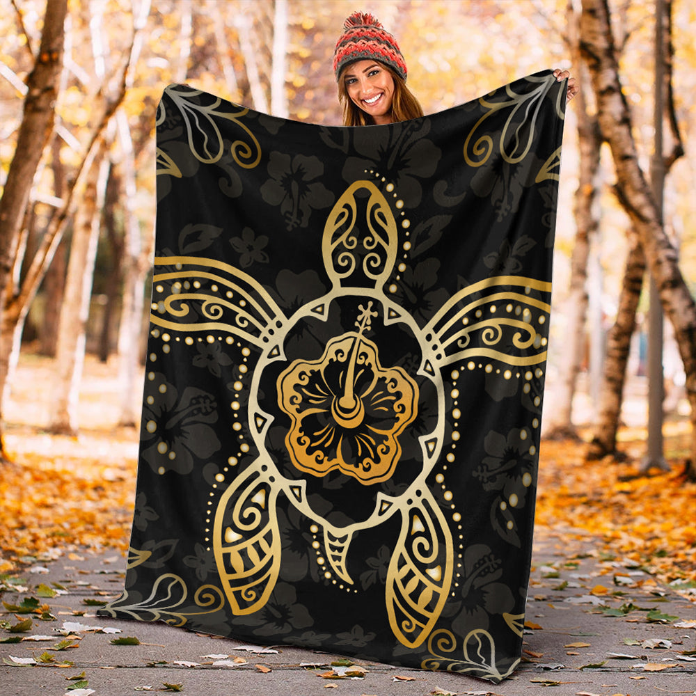 Hawaii Premium Blanket Golden Hibiscus And Turtle-Myprintsy