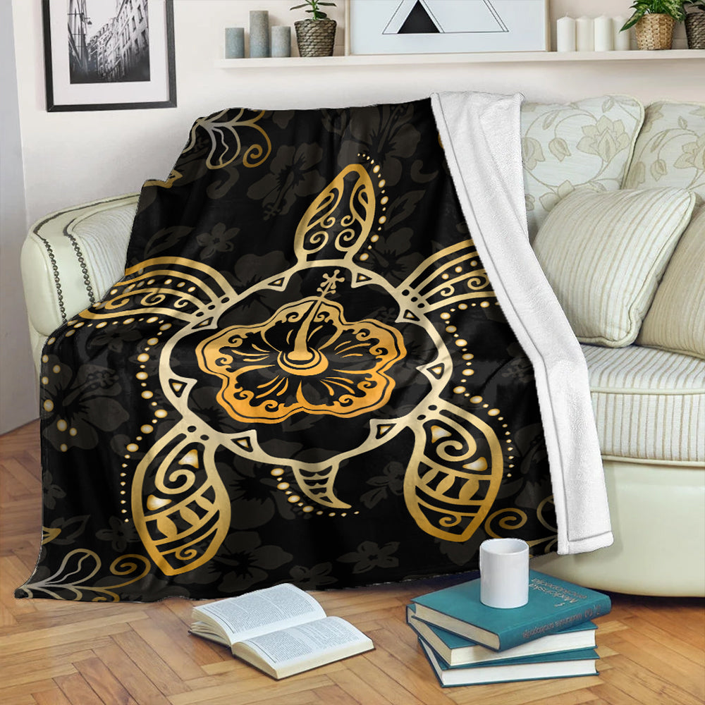 Hawaii Premium Blanket Golden Hibiscus And Turtle-Myprintsy