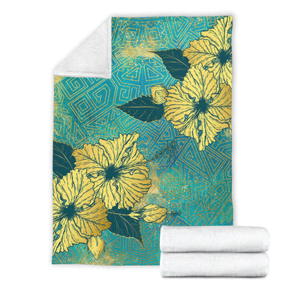 Hawaii Premium Blanket Golden Hibiscus Turquoise Color Tribal Pattern-Myprintsy