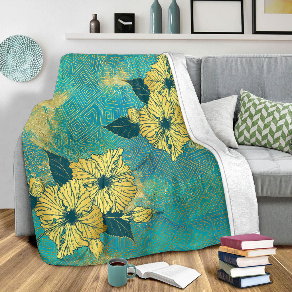 Hawaii Premium Blanket Golden Hibiscus Turquoise Color Tribal Pattern-Myprintsy