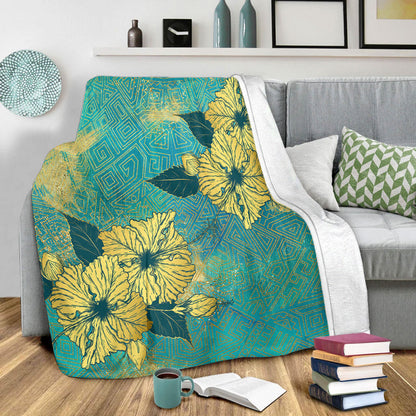 Hawaii Premium Blanket Golden Hibiscus Turquoise Color Tribal Pattern-Myprintsy