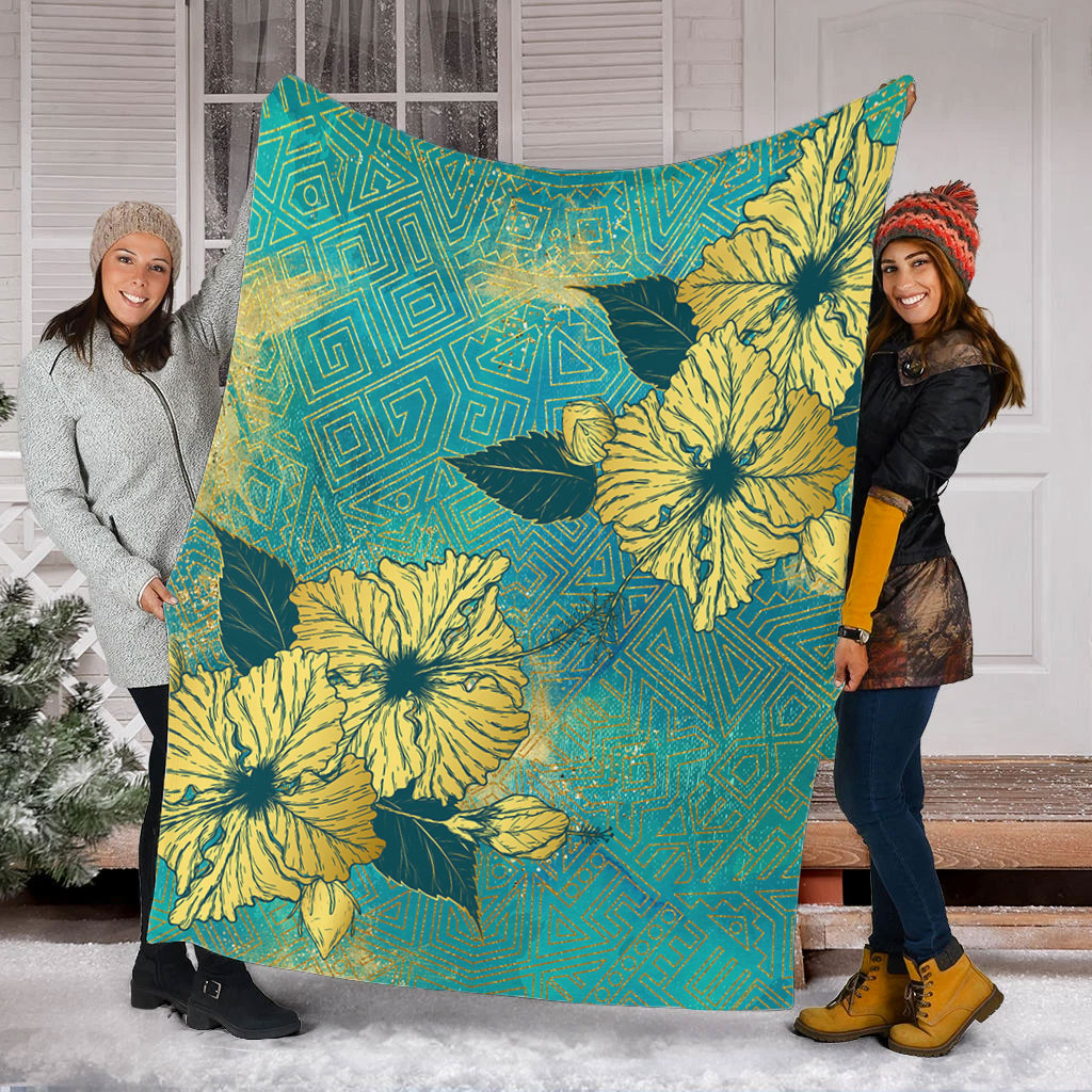 Hawaii Premium Blanket Golden Hibiscus Turquoise Color Tribal Pattern-Myprintsy