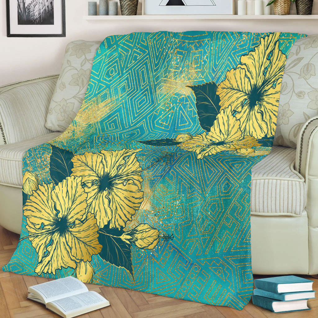 Hawaii Premium Blanket Golden Hibiscus Turquoise Color Tribal Pattern-Myprintsy