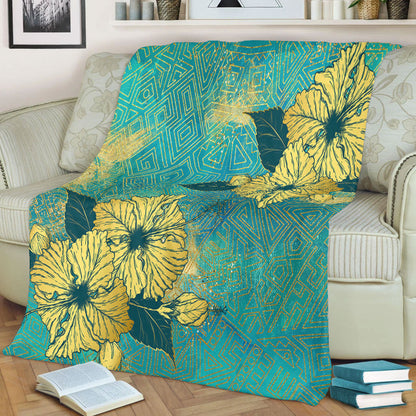 Hawaii Premium Blanket Golden Hibiscus Turquoise Color Tribal Pattern-Myprintsy