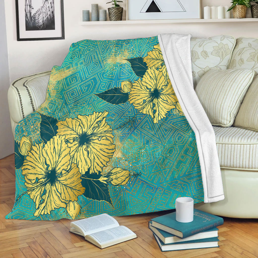 Hawaii Premium Blanket Golden Hibiscus Turquoise Color Tribal Pattern-Myprintsy