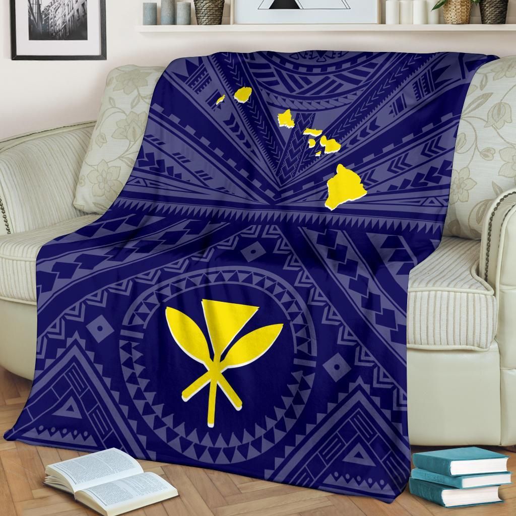 Hawaii Premium Blanket - Hawaii Kanaka Maoli And Map (Blue)-Myprintsy