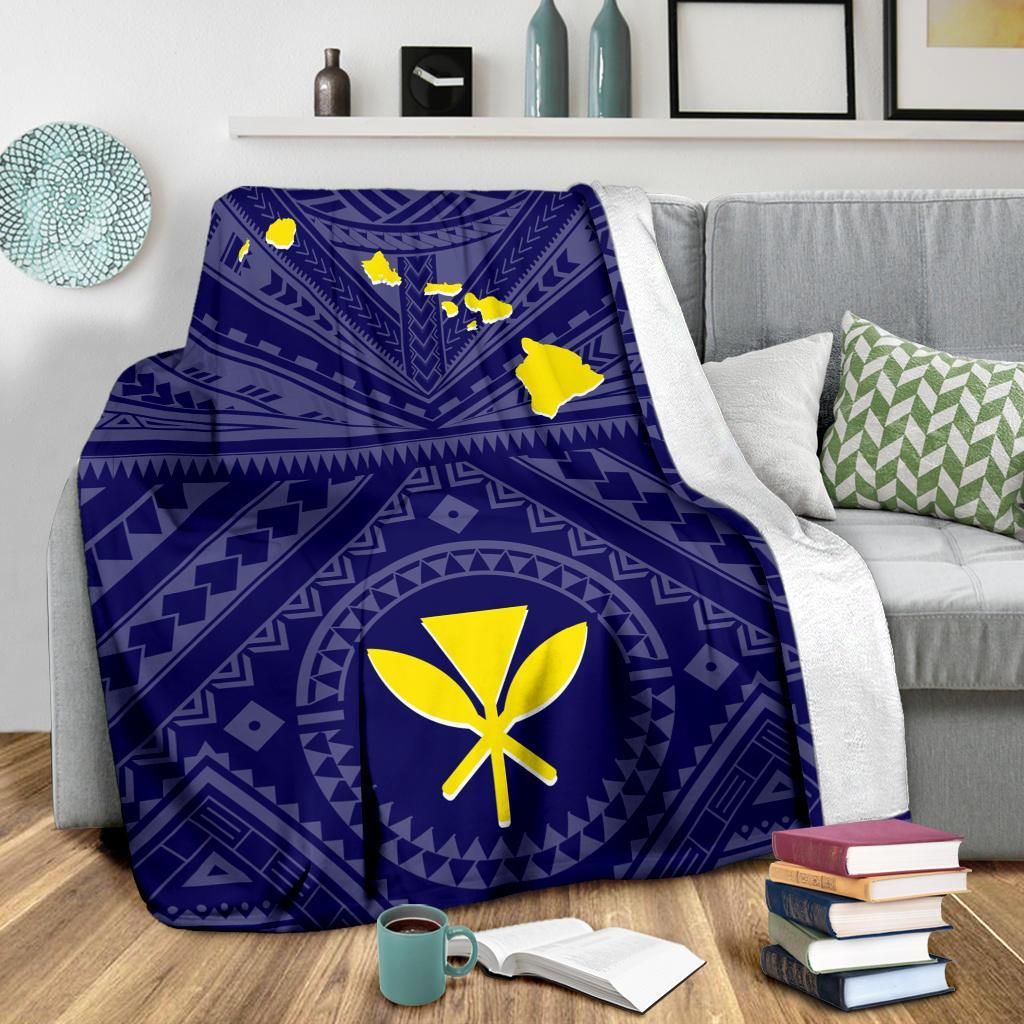 Hawaii Premium Blanket - Hawaii Kanaka Maoli And Map (Blue)-Myprintsy