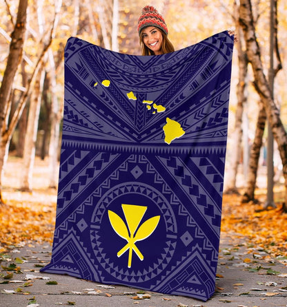 Hawaii Premium Blanket - Hawaii Kanaka Maoli And Map (Blue)-Myprintsy