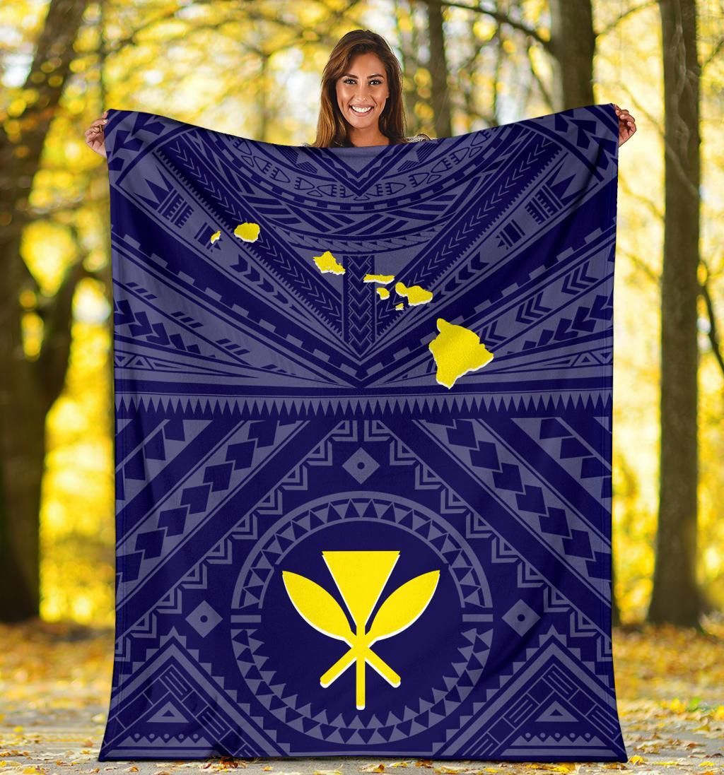 Hawaii Premium Blanket - Hawaii Kanaka Maoli And Map (Blue)-Myprintsy