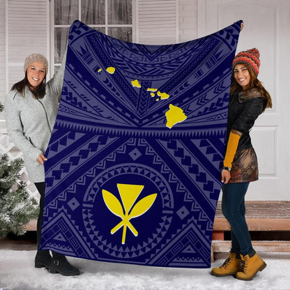 Hawaii Premium Blanket - Hawaii Kanaka Maoli And Map (Blue)-Myprintsy