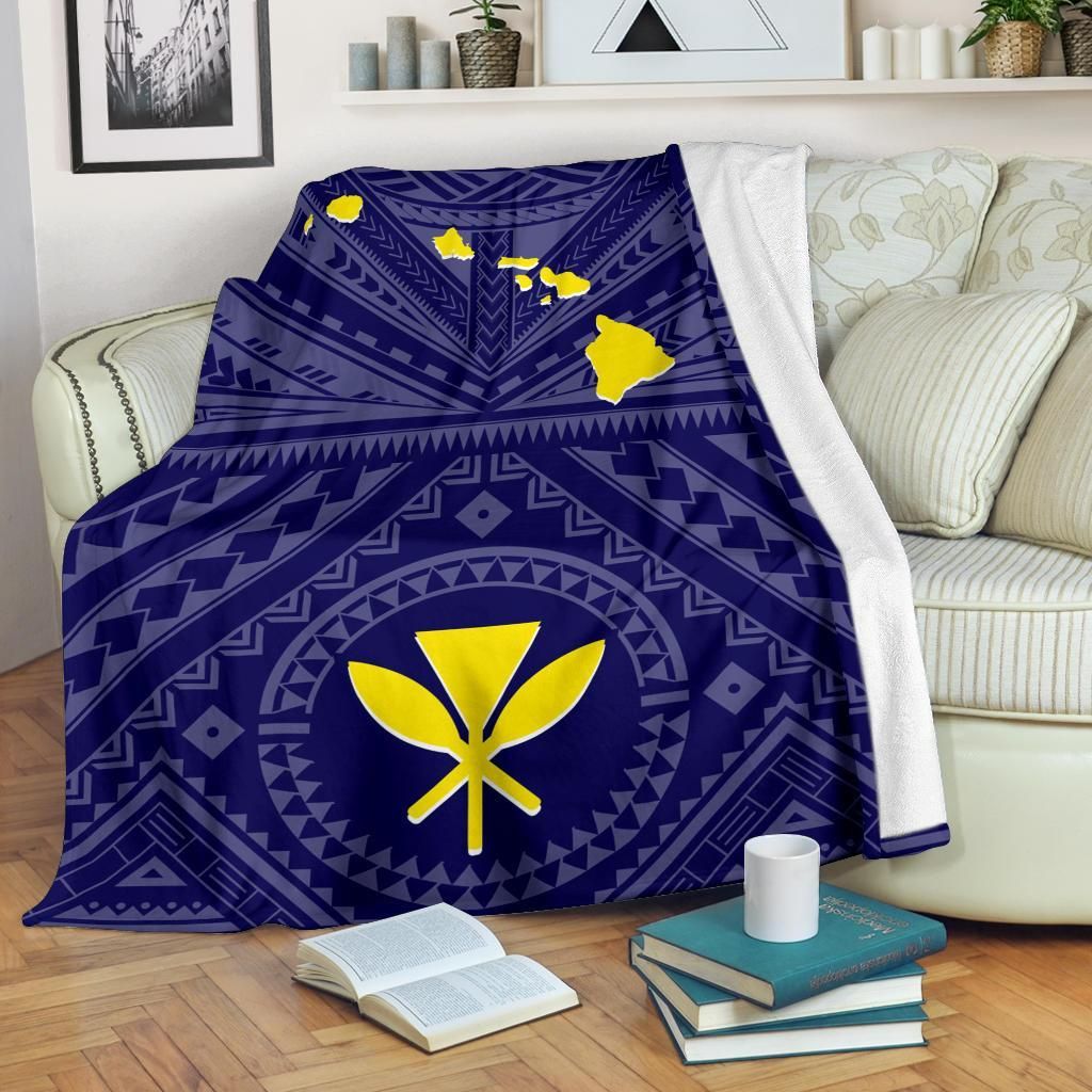 Hawaii Premium Blanket - Hawaii Kanaka Maoli And Map (Blue)-Myprintsy