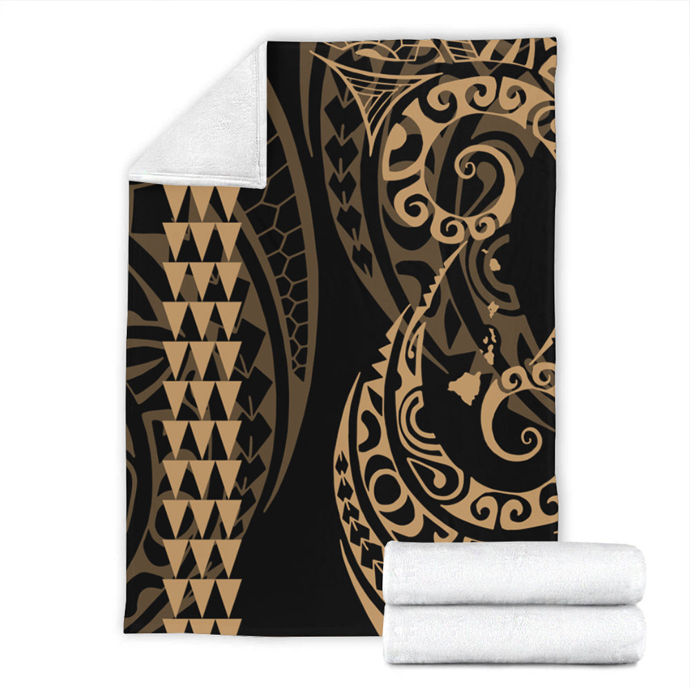 Hawaii Premium Blanket Hawaiian Map Kakau Style Gold-Myprintsy