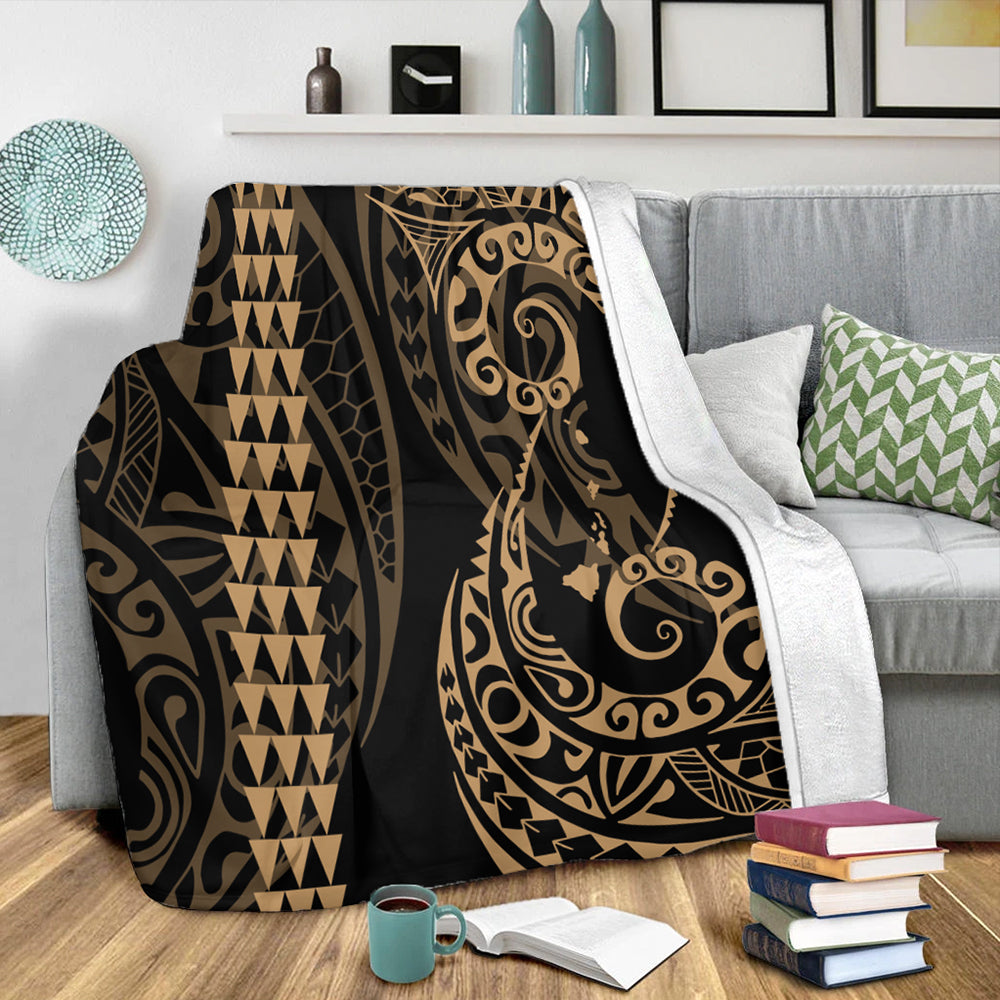 Hawaii Premium Blanket Hawaiian Map Kakau Style Gold-Myprintsy