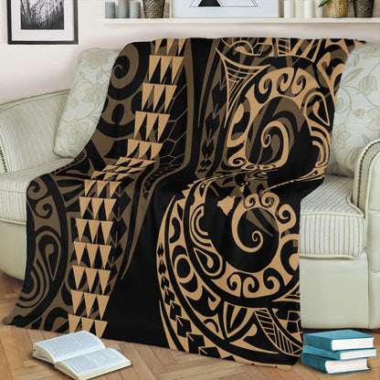 Hawaii Premium Blanket Hawaiian Map Kakau Style Gold-Myprintsy