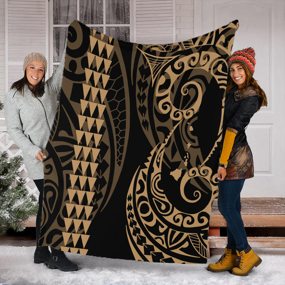 Hawaii Premium Blanket Hawaiian Map Kakau Style Gold-Myprintsy