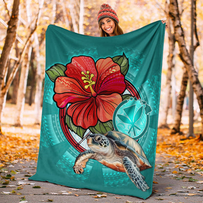 Hawaii Premium Blanket Hawaiian Map Turtle Hibiscus Flowers Polynesian Patterns Style-Myprintsy