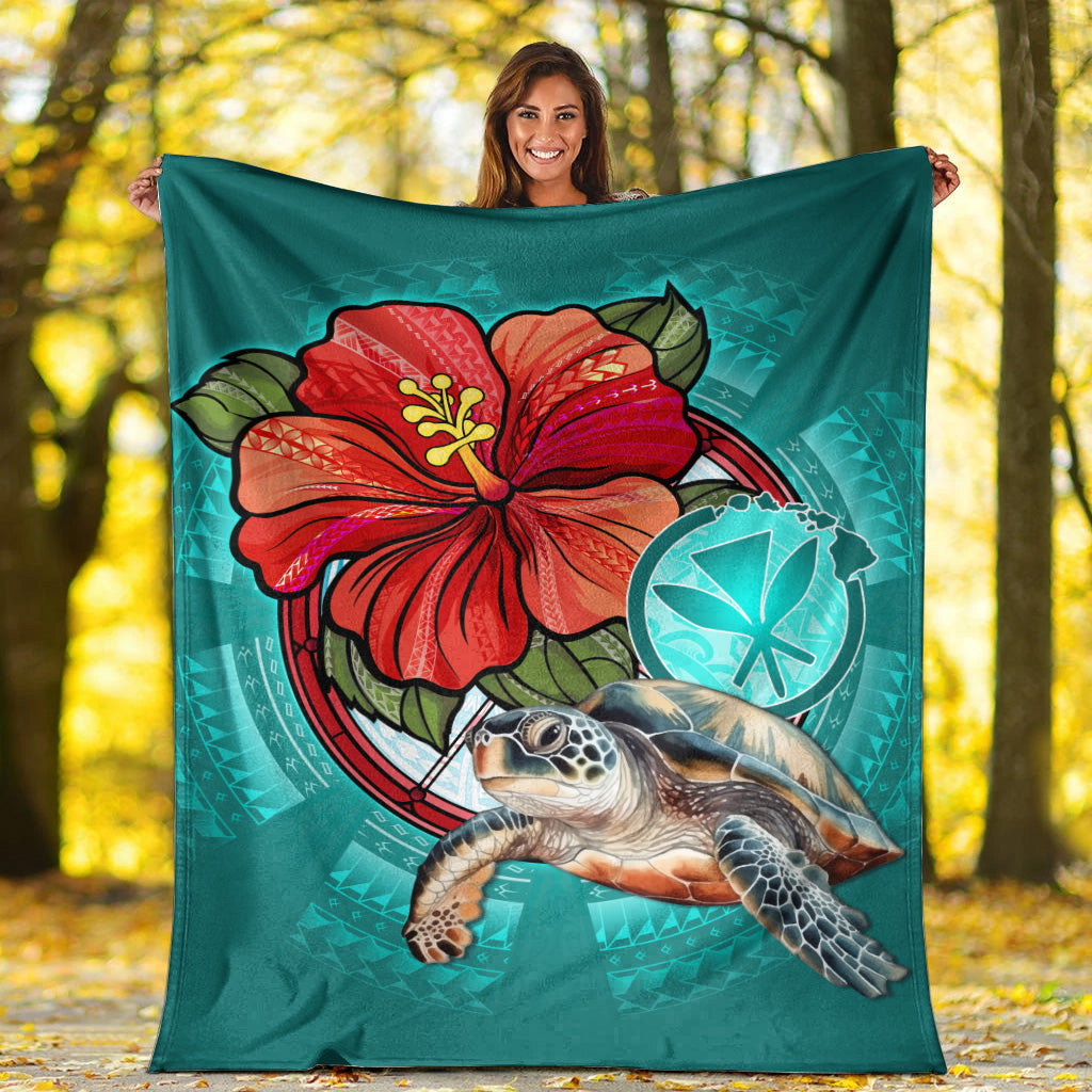 Hawaii Premium Blanket Hawaiian Map Turtle Hibiscus Flowers Polynesian Patterns Style-Myprintsy