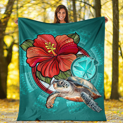 Hawaii Premium Blanket Hawaiian Map Turtle Hibiscus Flowers Polynesian Patterns Style-Myprintsy