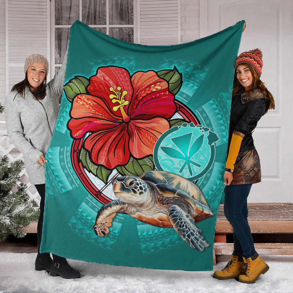 Hawaii Premium Blanket Hawaiian Map Turtle Hibiscus Flowers Polynesian Patterns Style-Myprintsy