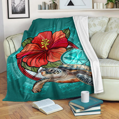 Hawaii Premium Blanket Hawaiian Map Turtle Hibiscus Flowers Polynesian Patterns Style-Myprintsy