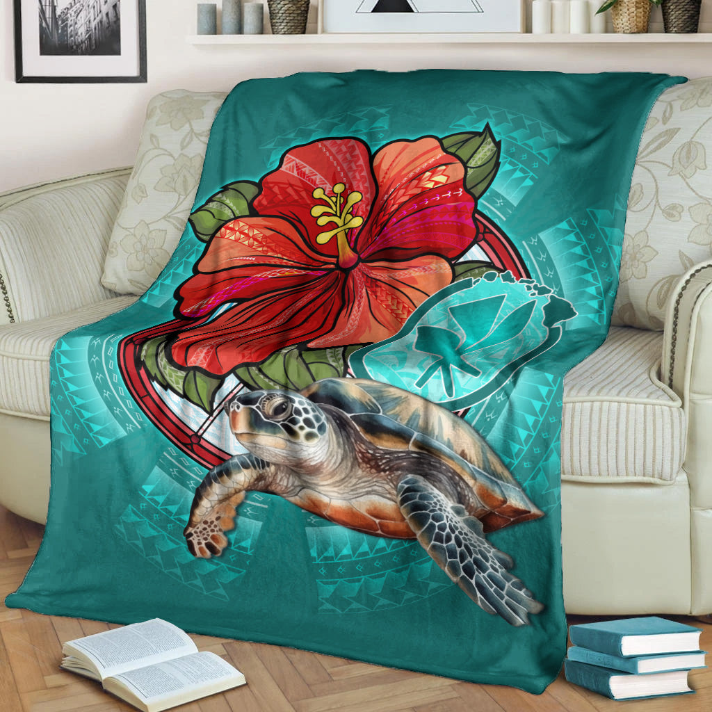 Hawaii Premium Blanket Hawaiian Map Turtle Hibiscus Flowers Polynesian Patterns Style-Myprintsy