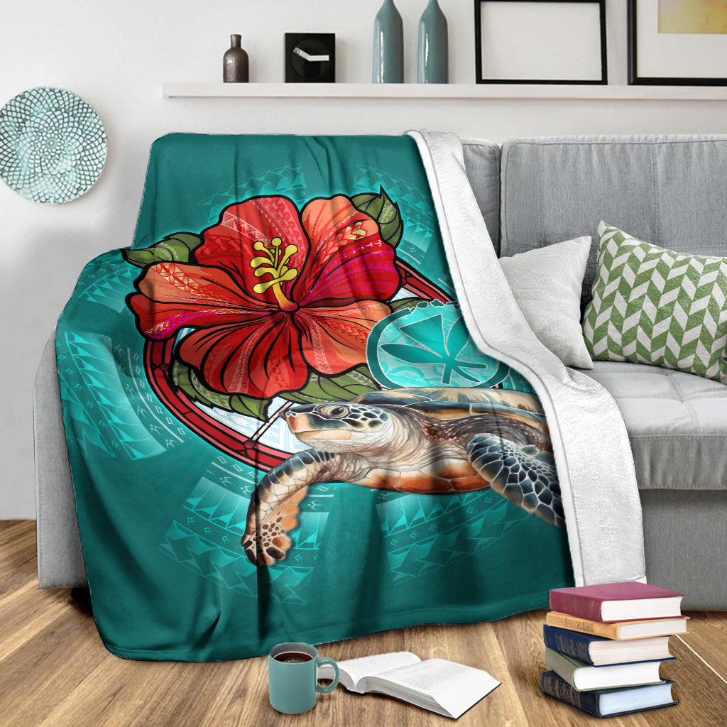 Hawaii Premium Blanket Hawaiian Map Turtle Hibiscus Flowers Polynesian Patterns Style-Myprintsy