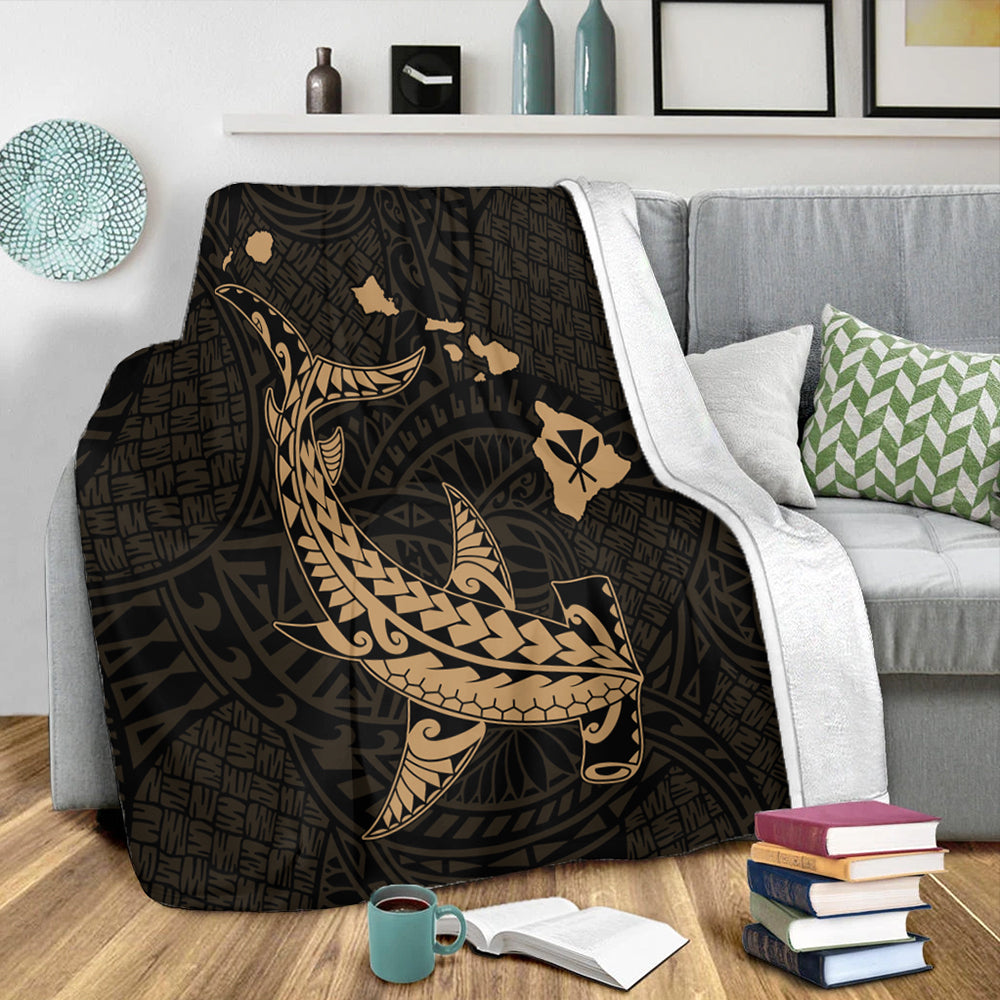 Hawaii Premium Blanket Hawaiian Native Map Hammerhead Shark Gold-Myprintsy