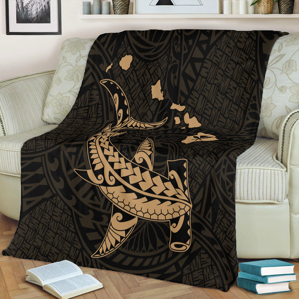 Hawaii Premium Blanket Hawaiian Native Map Hammerhead Shark Gold-Myprintsy